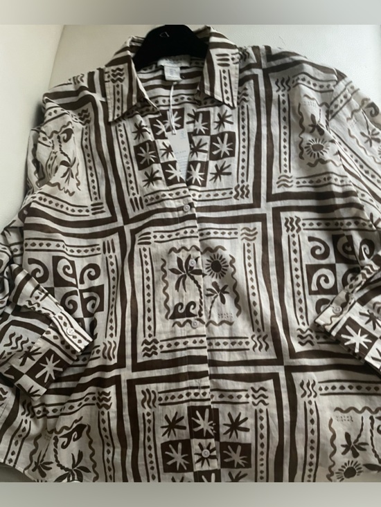 New Calypso St. Barth resort Print Cream/Brown Button Down Shirt Top Cotton Sz L - Picture 5 of 10